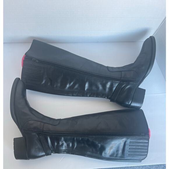 Born Helen Black Leather Knee High Zip Closure Round Toe Stacked Heel Boots 7 - Picture 4 of 15